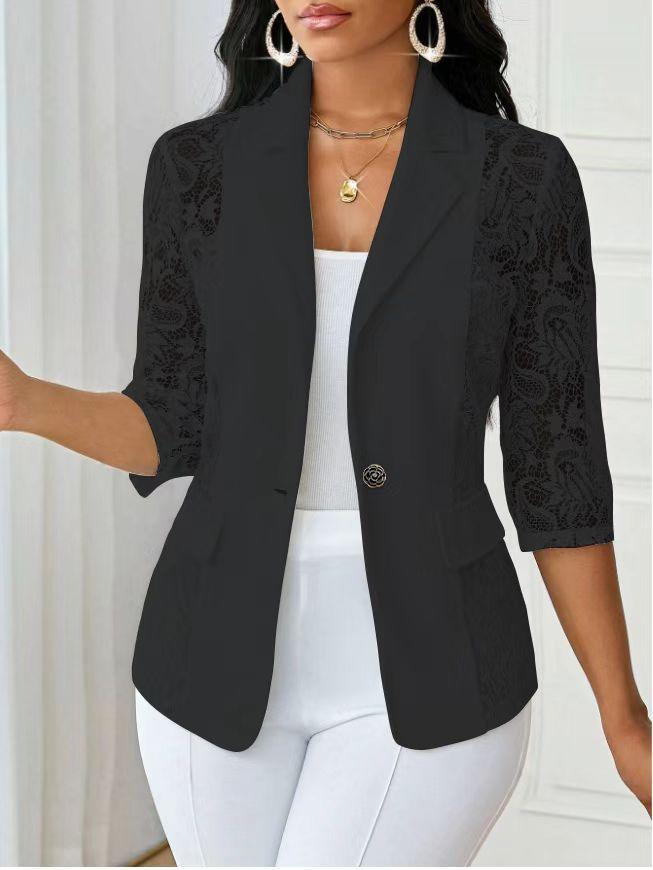 Women's Lapel Three‑Quarter Sleeve Blazer Slim Fit Elegant Lace Splicing Single Button Jacket