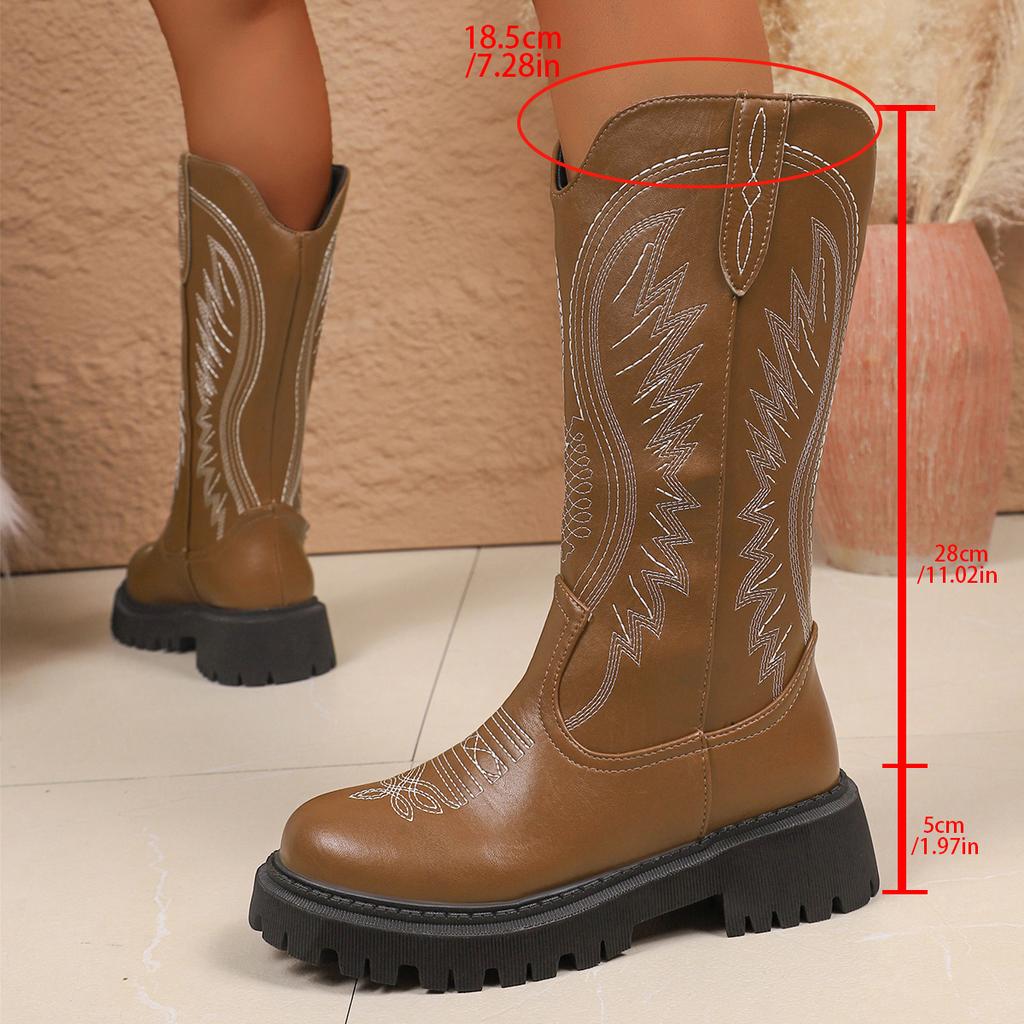 Braune Stickerei Plateau Mid-Calf Stiefel für Damen Vintage Slipper Dicke Sohle Westernstiefel Frau Herbst Winter PU-Leder Botas