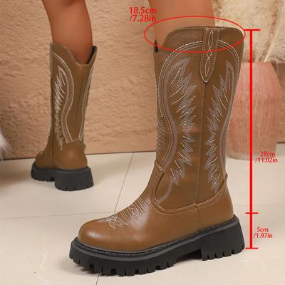 Bottes Mi-Mollet à Plateforme Brodées Marron pour Femmes Vintage Slip On Semelle Épaisse Bottes Western Femme Automne Hiver Cuir PU Botas
