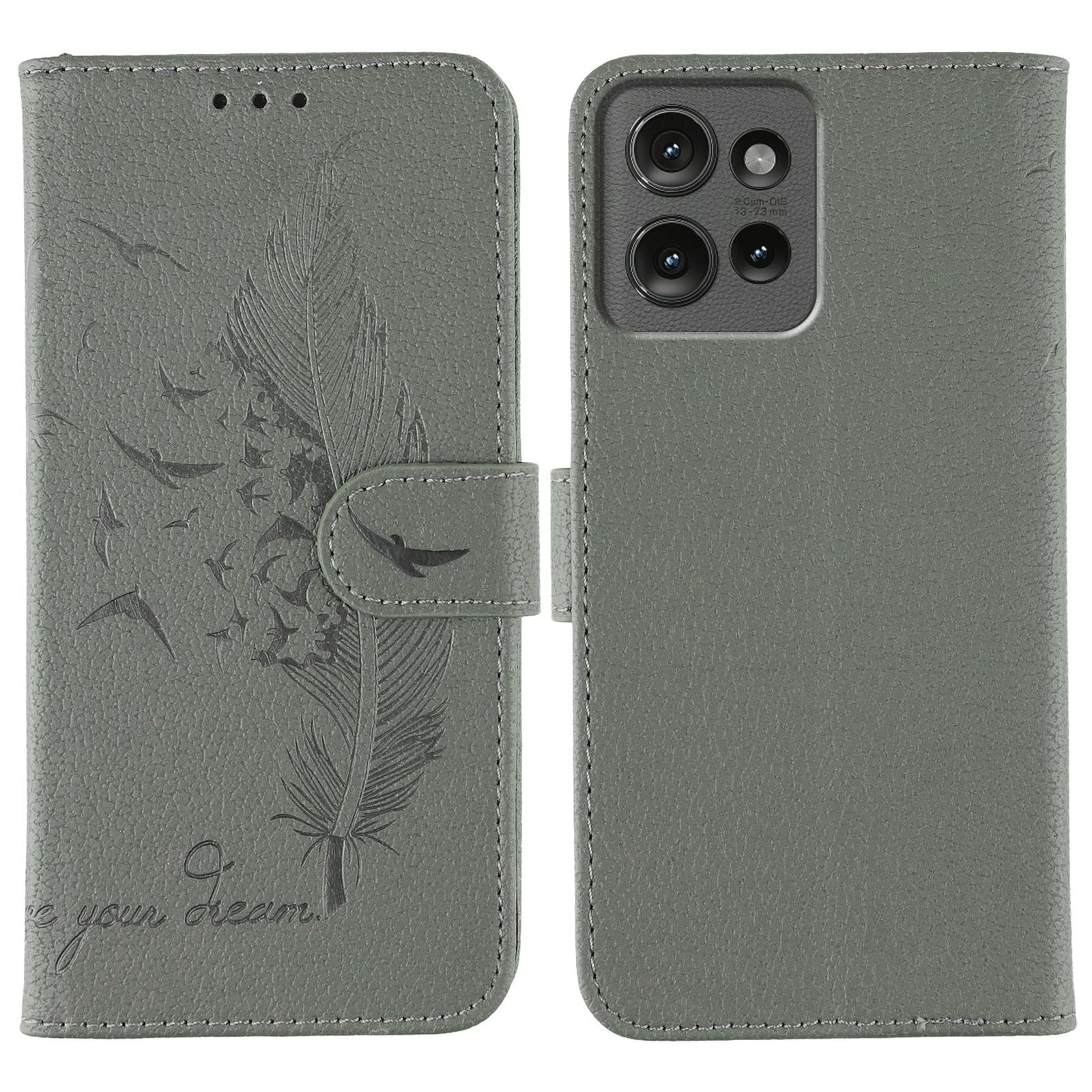 

For Motorola Edge 50 5G Case Feather Imprint PU Leather Wallet Phone Cover Grey