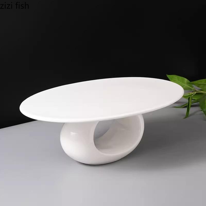 Farfurie Creativă Ceramică cu Picior Înalt, Farfurie Ovală Plată Alb Pur, Farfurie pentru Desert, Farfurii pentru Sushi, Veselă Specială