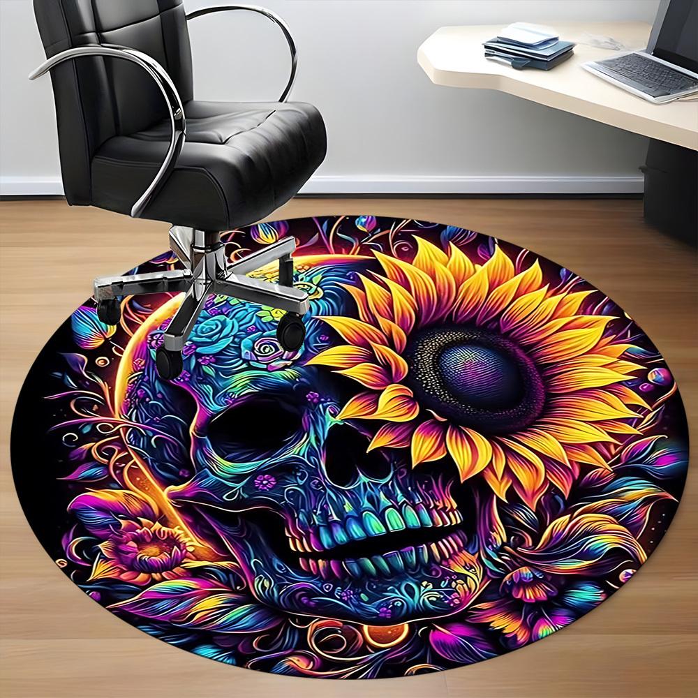 1pc Colorful Skull Art Chair Carpet for Office, Round Non Slip Durable Large Size Office Carpet, Suitable for Office