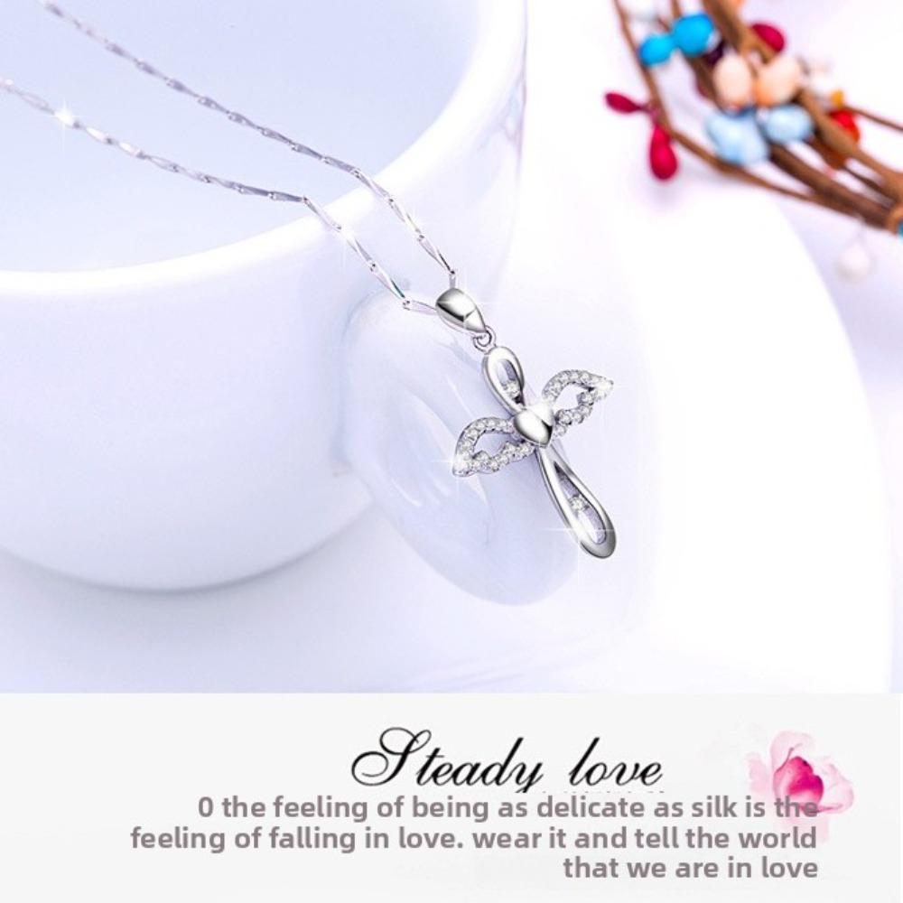 925 Silver Plated Cross Pendant Necklace for Women Angel Wing Cross Chain Collarbone Jewelry