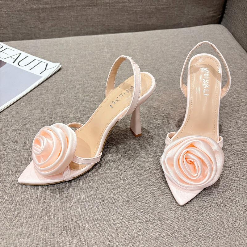 Size 35-41 Sexy Slingback Sandals Women Back Strap High Heels Shoes Summer Fashion Silk Flower Pointed Toe Wedding Prom Shoes