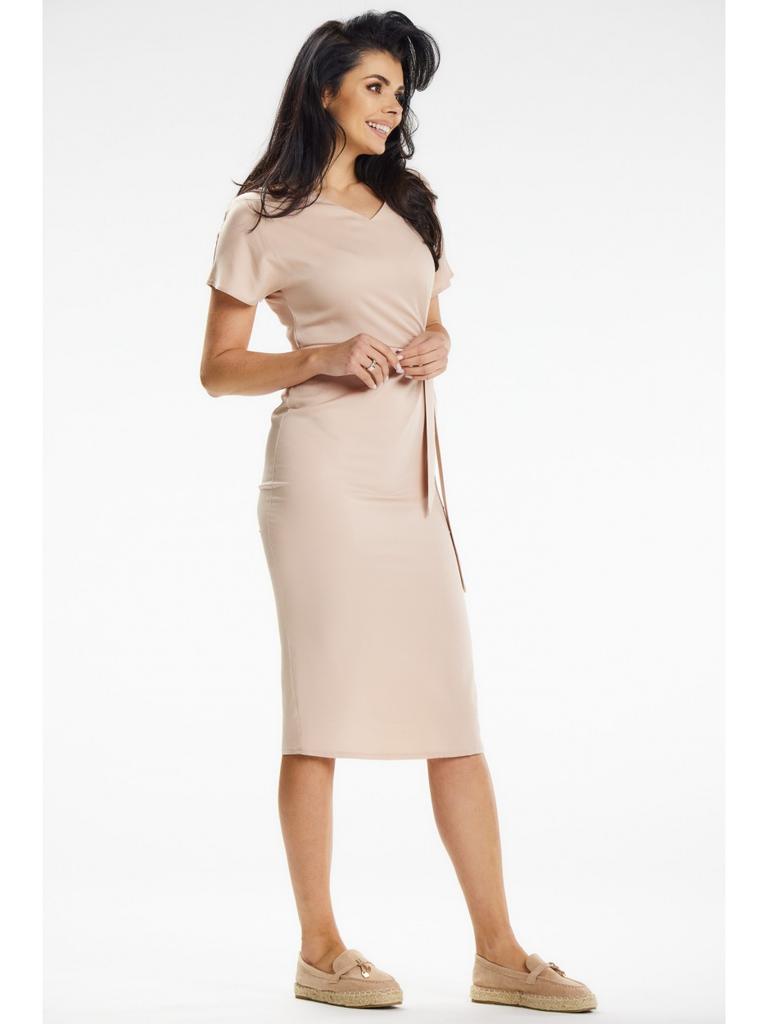 Fitted Midi Dress with Kimono Sleeves and Tie Detail, Beige M
