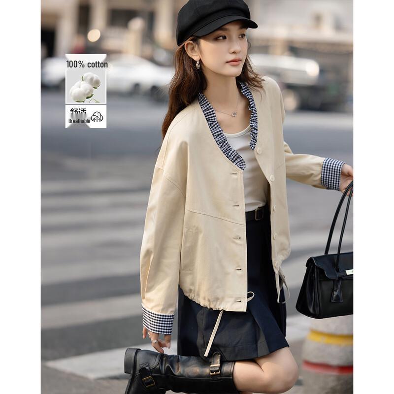 Cotton V-Neck Plaid Patchwork Loose Jacket S