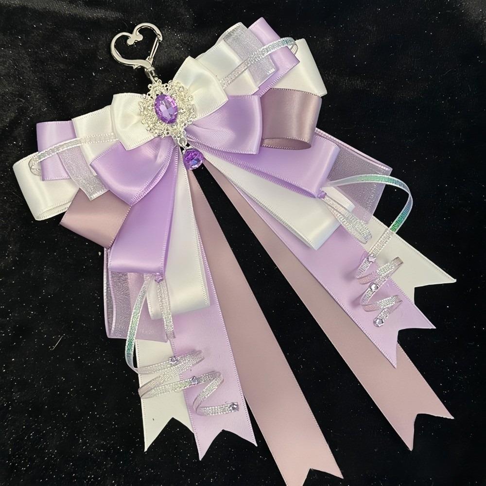 Rhinestone Double Layer Ribbon Bow Pendant Cute DIY Decoration Keychain  Cosplay фиолетовый