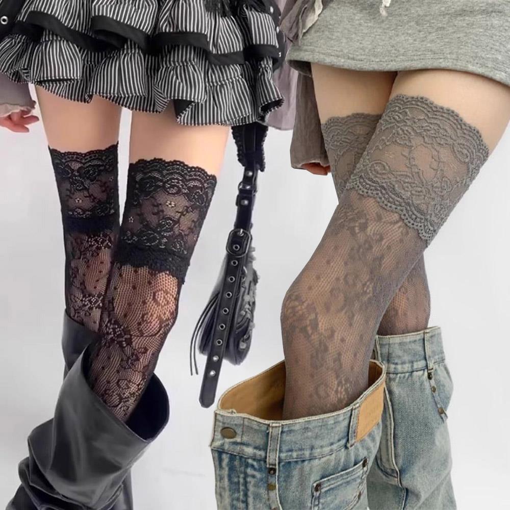 Y2K Women's Sexy Lace Floral Fishnet Stockings Costumes JK Lolita Thigh High Socks Lace Trim Mesh Breathable Over Knee Stockings