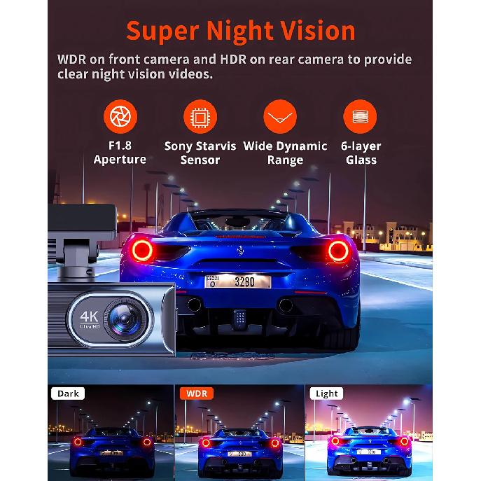 4K WIFI Dash Cam GPS 2160P Car DVR Front And 2.5K Rear Dual Lens Auto Car Camera With WDR Night Vision Black Box 24H Parking