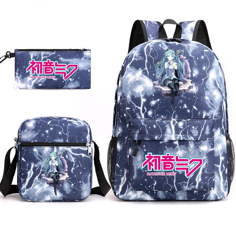 3Pcs/set Anime Cartoon Hatsune Miku Printed Backpack with Shoulder Bag Pencil Case for Teenager Student Boy Girl Large Capacity Waterproof School Bag