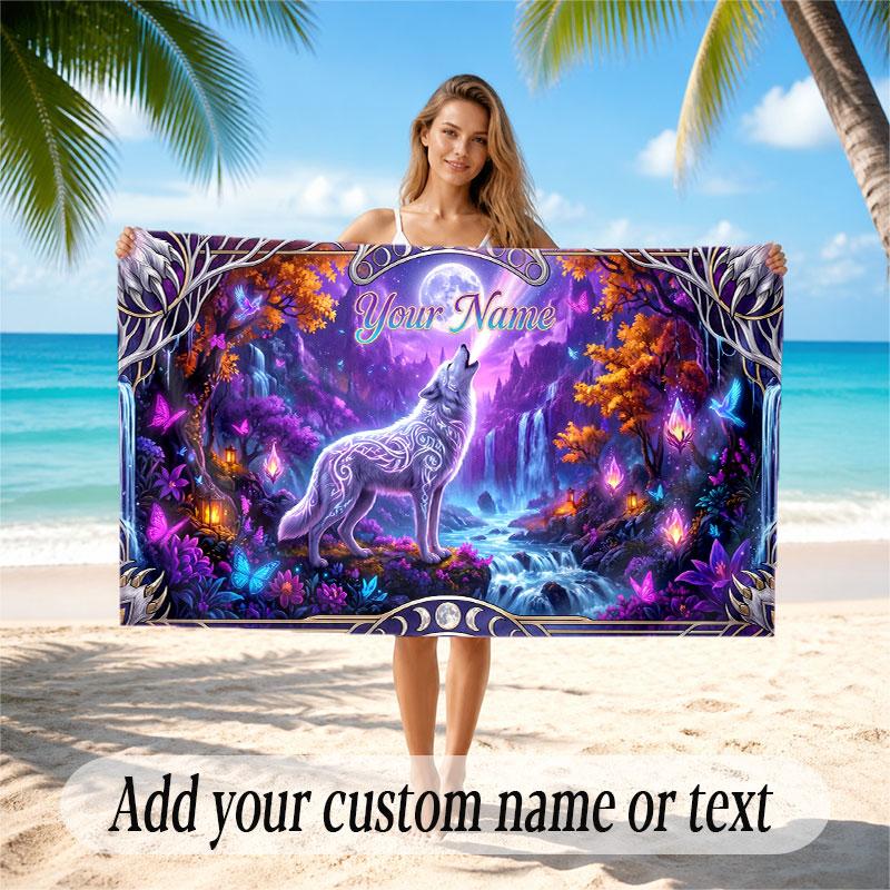 Wolf Theme Beach Towel Personalized Custom Name & Text Soft Quick Dry Beach Towel for Swimming Travel