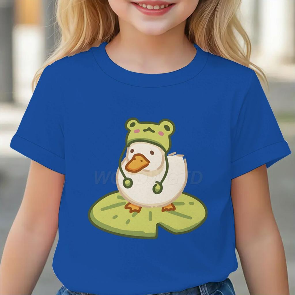 Duck In Frog Hat Cartoon Tshirts for Girl Boy Cute Duck Graphic Casual Tops Kawaii Animal Tee Cute Duck Design Toddler Wear