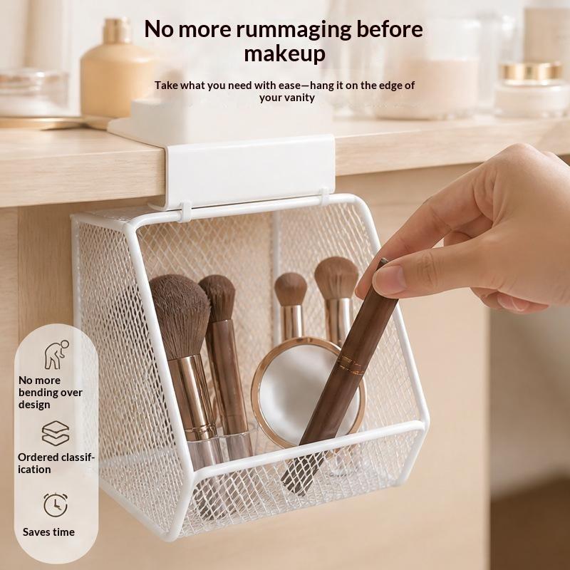 Under Sink Storage Basket Metal Mesh Hanging Basket Drill Free Rust Proof Drainage Bathroom Skincare Organizer Space Saving Rack
