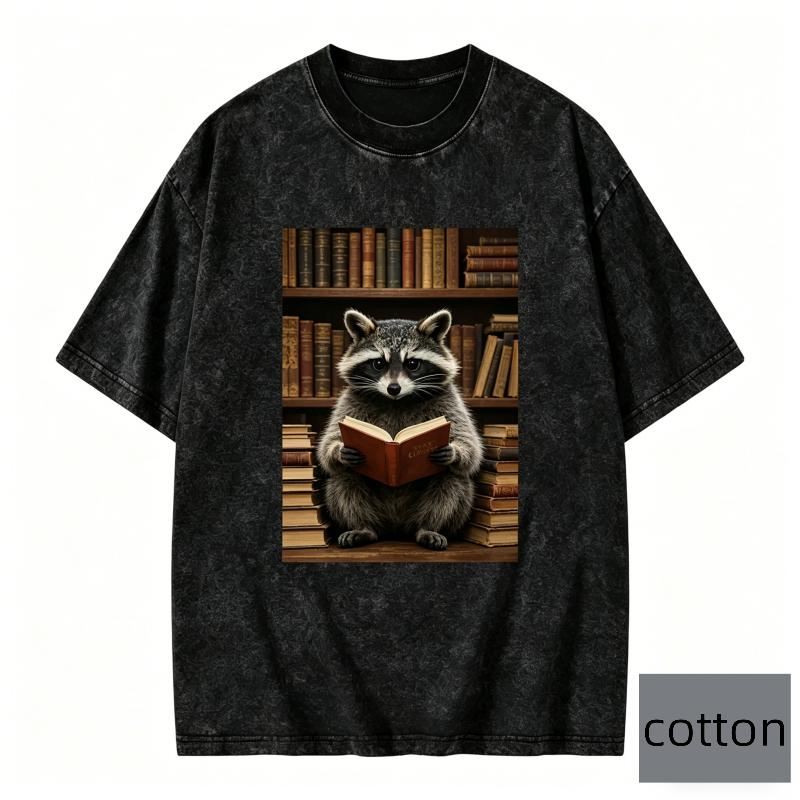 Oversize Korean Style Vintage Shortsleeved Tshirt Raccoon Reading Graphic Tee Top Men Women Loose Fit Streetwear Casual Tee