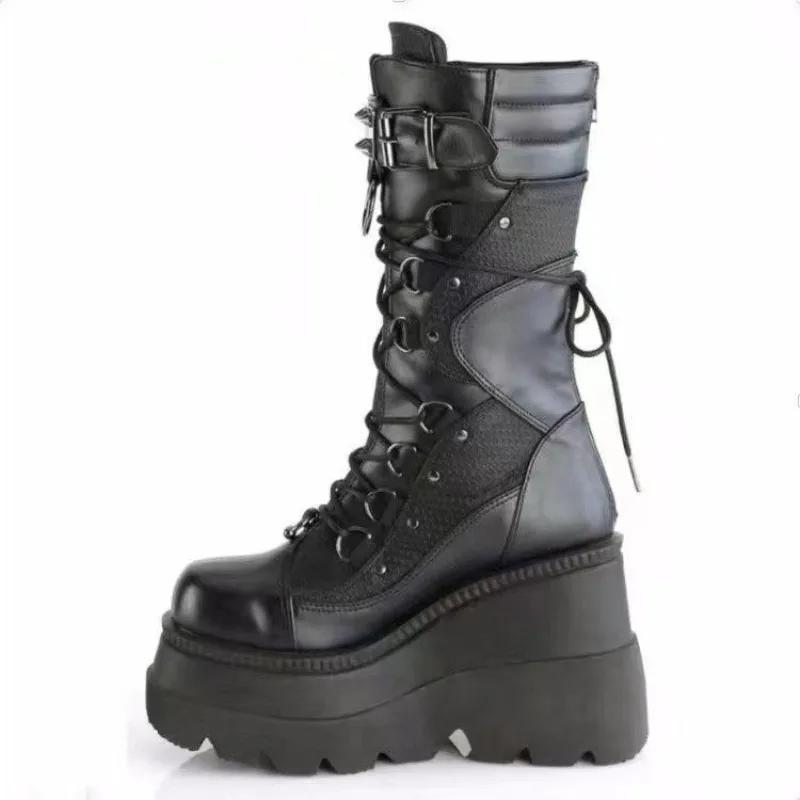 

Platform Biker Boots Spice Girl Mid-Tube Lace-Up Black Knight Boots for Women 43