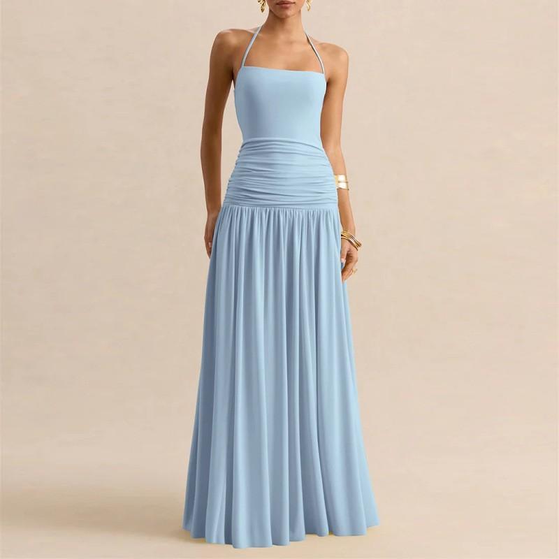 Elegant Solid Color Pleated French Style Sleeveless Maxi Dress High Waist Fit 2026 Womens Casual