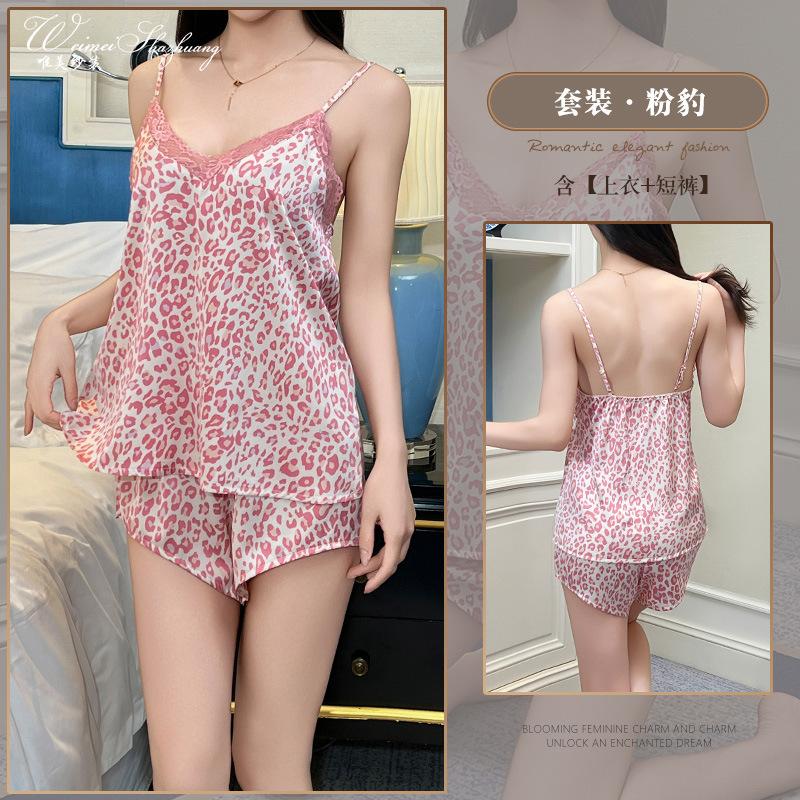 Beautiful yarn new summer pure desire wind pink leopard print V-neck suspender shorts suit two-piece female M розовый
