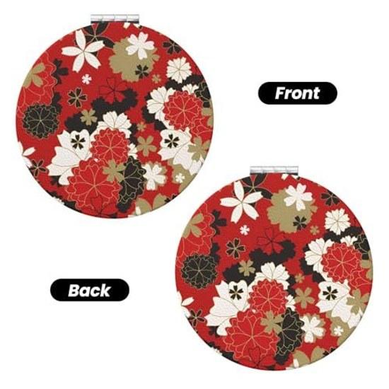 Portable Mirror Japanese Style Floral Pattern Round Lightweight Compact Ladies Easy Carry High-Definition Glass Makeup Travel Commuting Daily Use