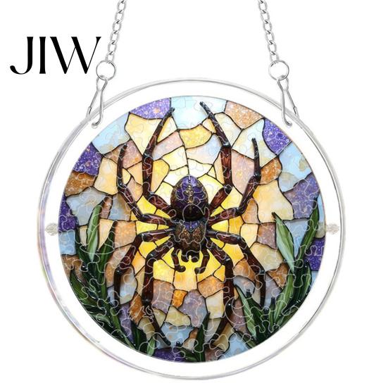 Halloween Party Hanging Props Acrylic Puzzle Window Suncatcher, Stained Glass Style Ornament Classroom Festive Wall Sign with Metal Chain, Decorative
