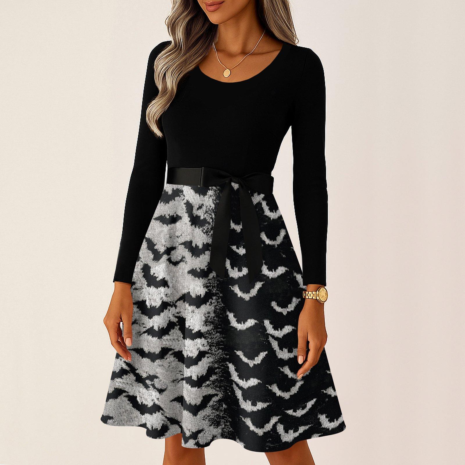 Women s Casual Vintage Long Sleeve Round Neck Halloween Print Dress L
