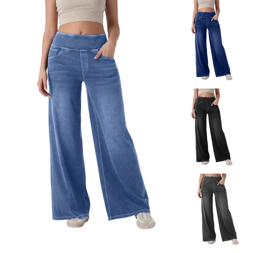 Women Wide Leg Jeans with Zipper Pockets Loose Fit High Waist Denim Pants Full Length Casual Bottoms for Work and Daily Wear