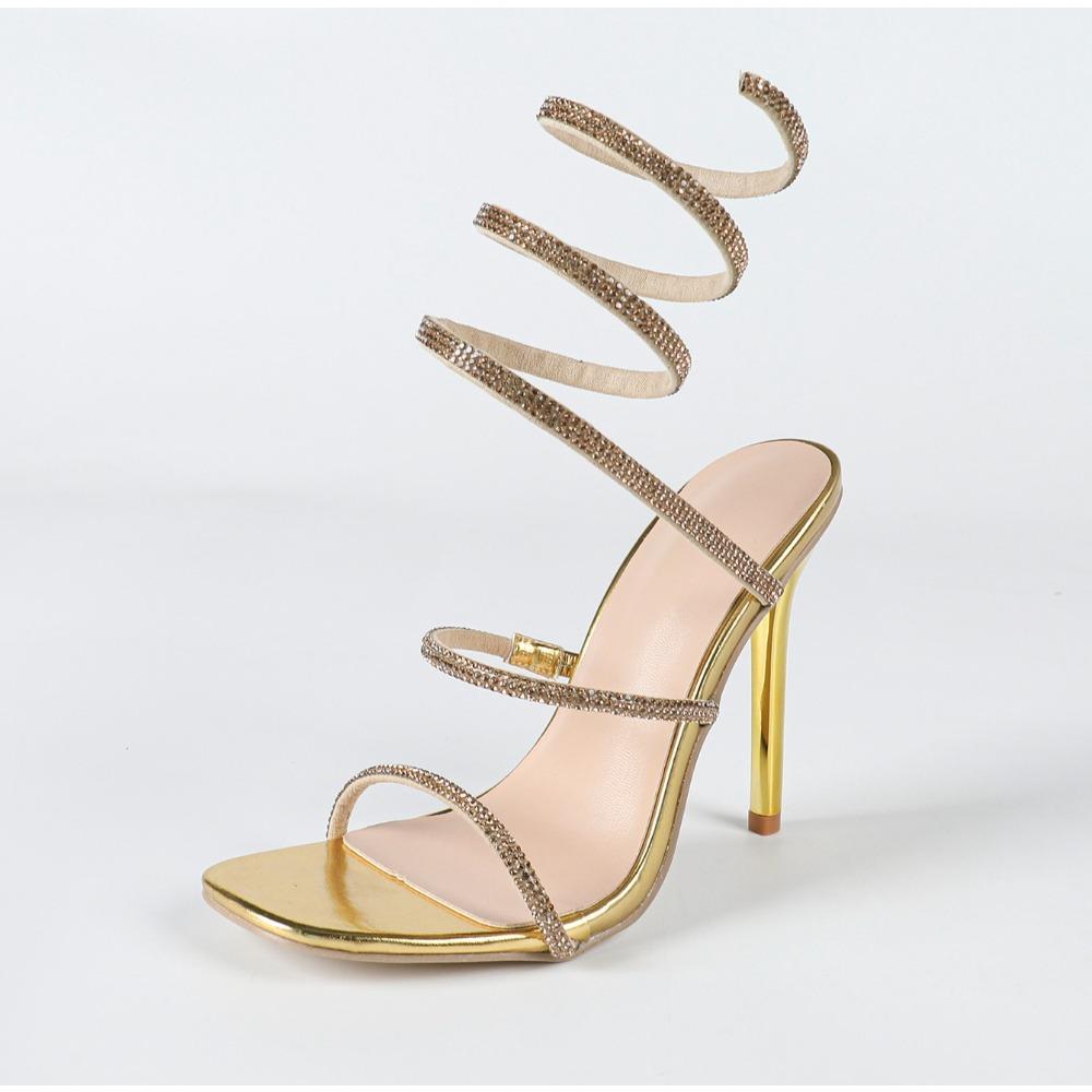 Luxury Rhinestones  Gold Thin High Heels Ankle Strap Women Sandals Sexy Narrow Band  Open Toe Stripper Prom Female Shoes