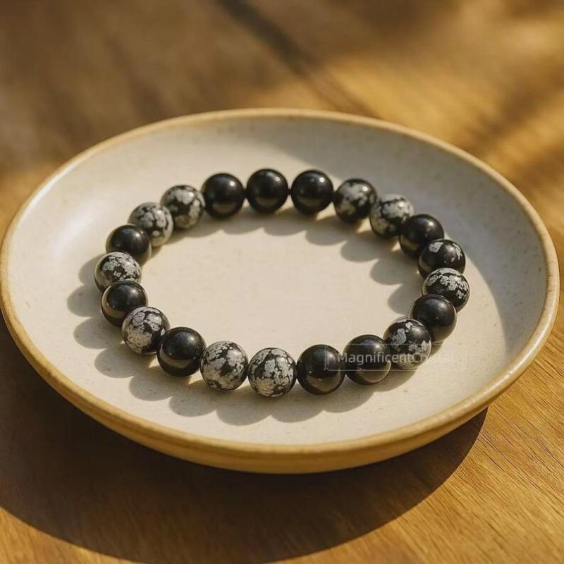 Snowflake Obsidian bracelet: Simple multi-faceted beaded Bohemian-style jewelry, black and white crystal anklets