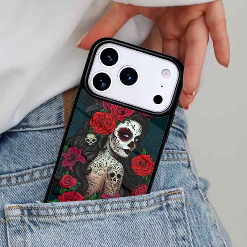 Catrina Beautiful Rose Girl Skull Phone Case for iPhone 16e 15 14 13 12 17 Pro Max Plus Air 17pro Cover Coque