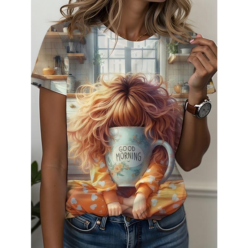 Cartoon Cat Dog Pattern T-Shirt For Women Fun Animal 3D Printed T Shirts Fashion Round Neck Casual Short Sleeve Loose Tees Tops