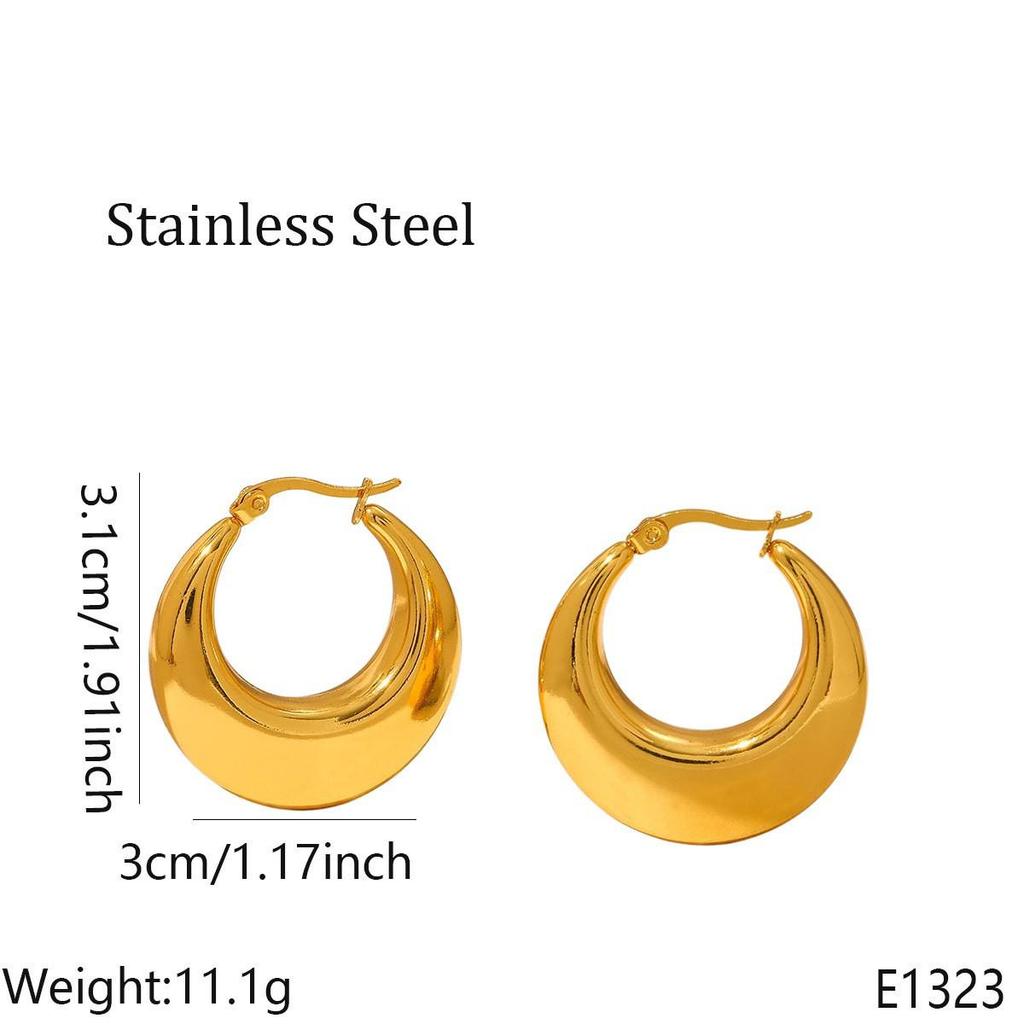 Gold C-Shaped Round Hoop Earrings with Bright Surface, French Light Luxury, High-End Stainless Steel