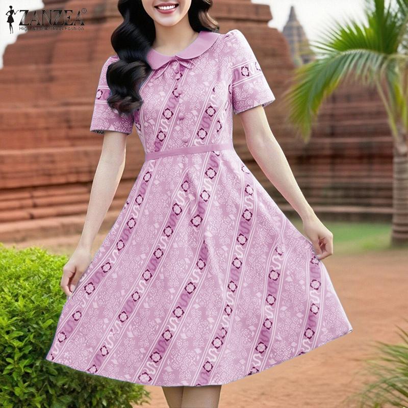 ZANZEA Women Casual Doll Collar Summer Short Sleeve Print Dress