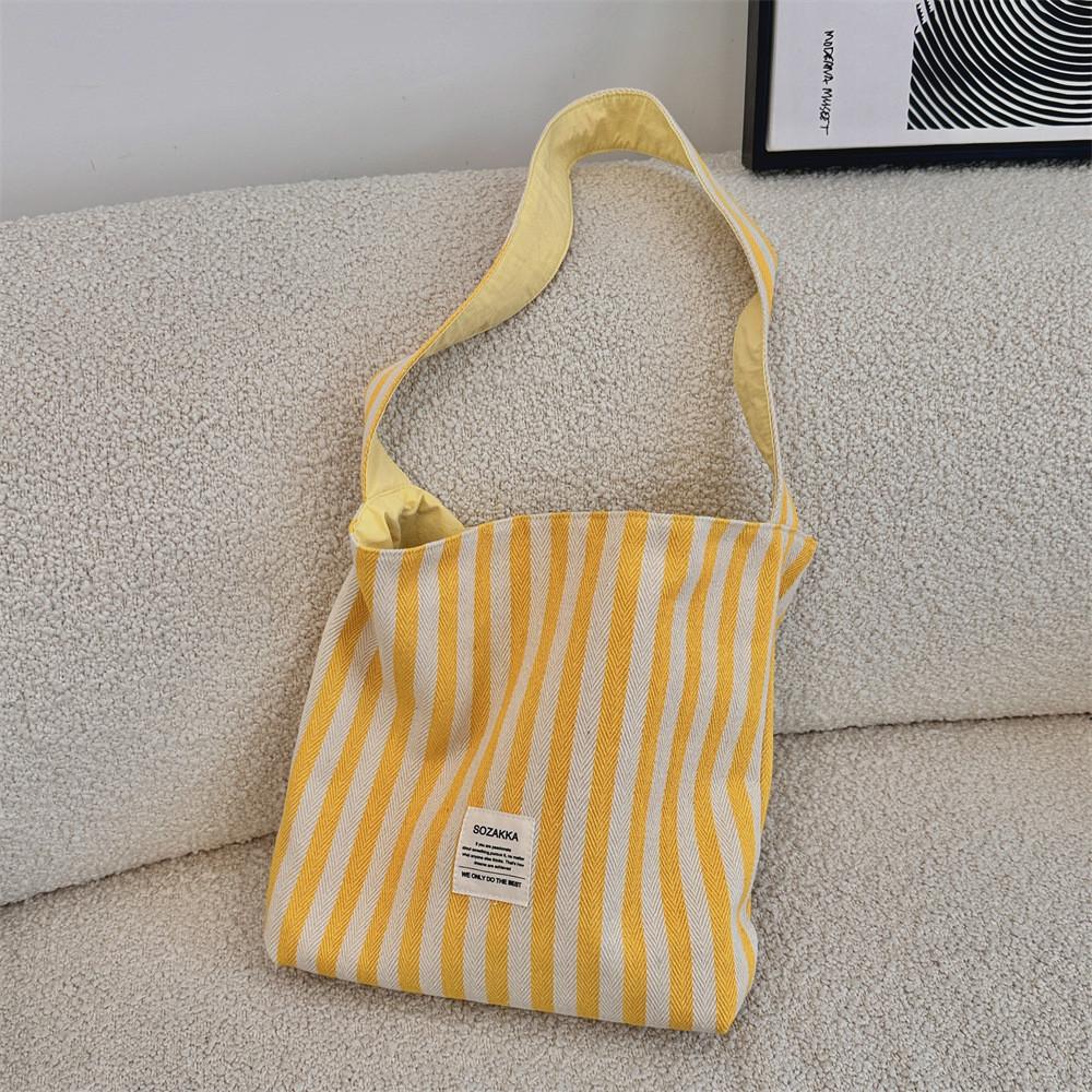 Trendy Yellow Striped Canvas Shoulder Bag For Women Fashionable Versatile Tote