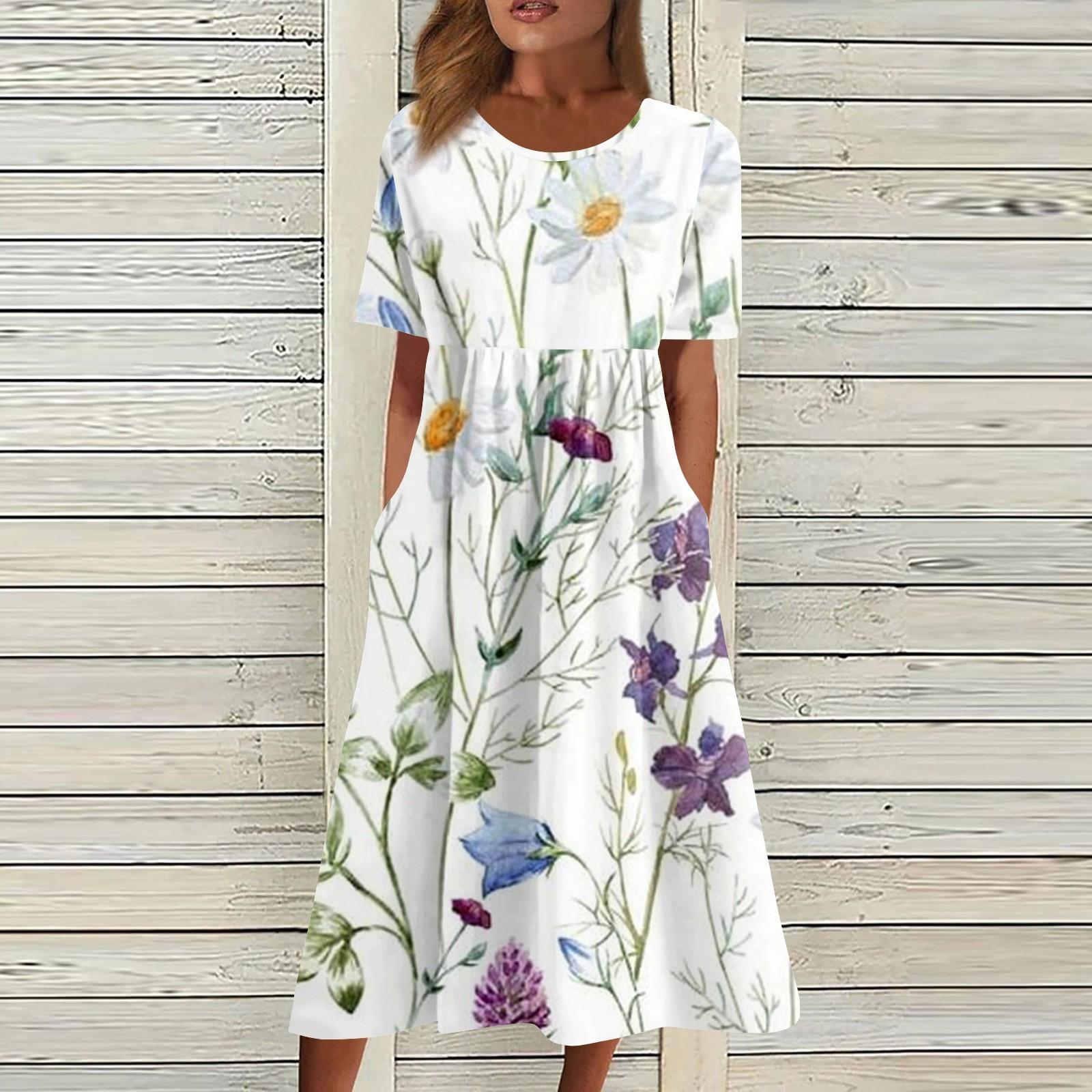 

Женское струящееся платье миди в стиле бохо с цветочным принтом, повседневное свободное летнее платье с коротким рукавом для пляжного отдыха и карманами XXXL фиолетовый
