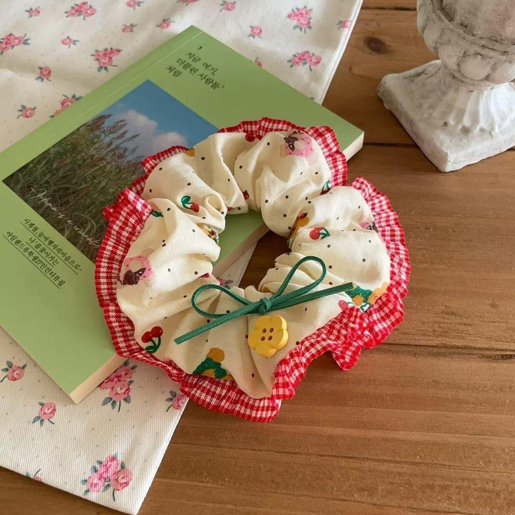 Cherry Bear Mori-Style Red Hair Tie with Flower Button and Lace Edge