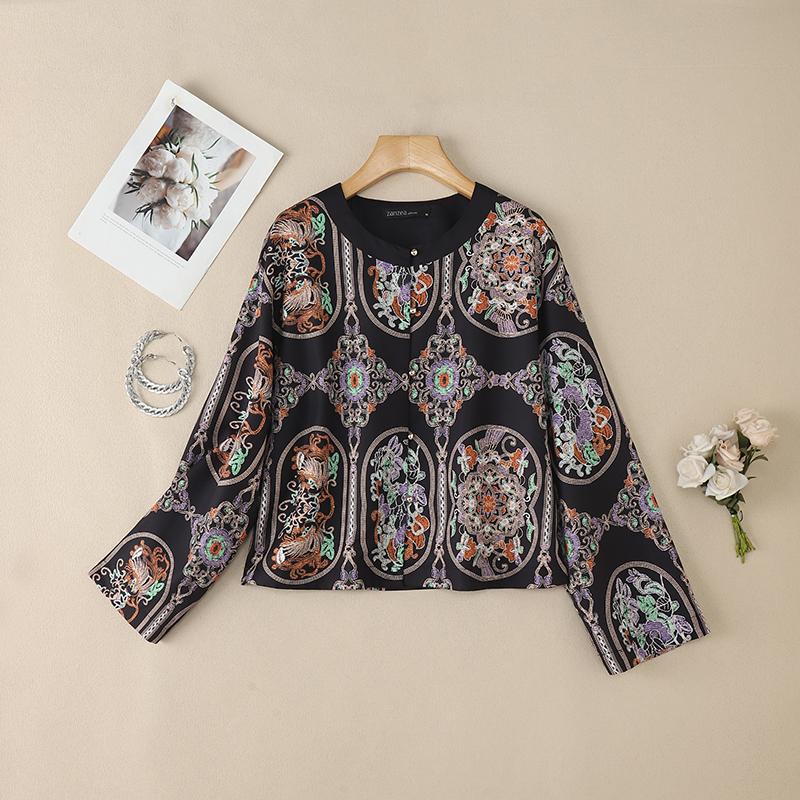 

ZANZEA Women Casual Round Neck Long Sleeve Loose Retro Print Blouse 5XL чорний