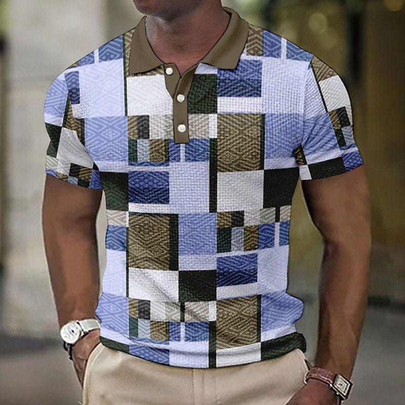 Colorful Block Splicing 3D Digital Printing Men's Comfortable Polo Shirt