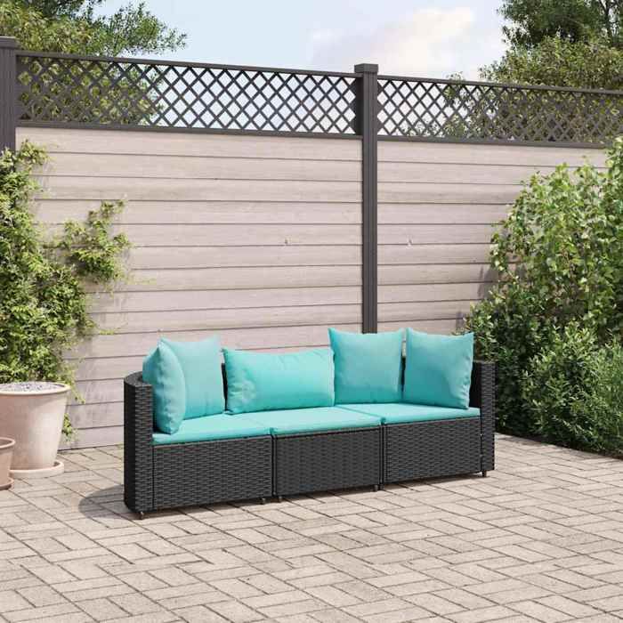 VidaXL Salon de jardin 3 pcs avec coussins noir résine tressée, ensemble de canapés d'extérieur, canapé d'angle de jardin, 3308452