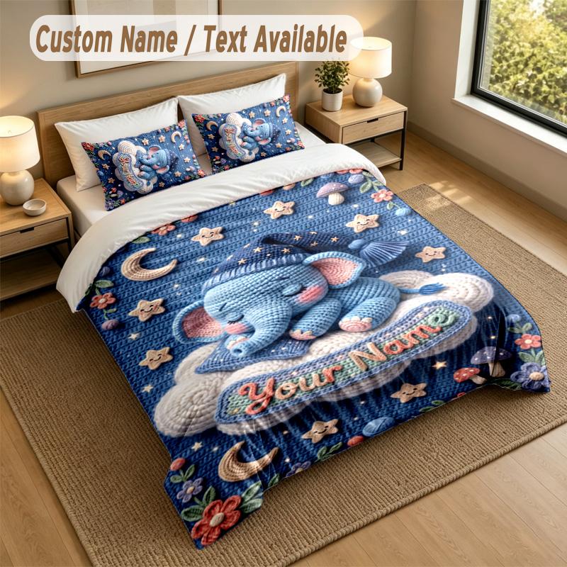 Elephant Theme Personalized 3Pcs Bedding Set Custom Text & Name 1 Sheet 2 Pillowcases Household Bedding 1pc