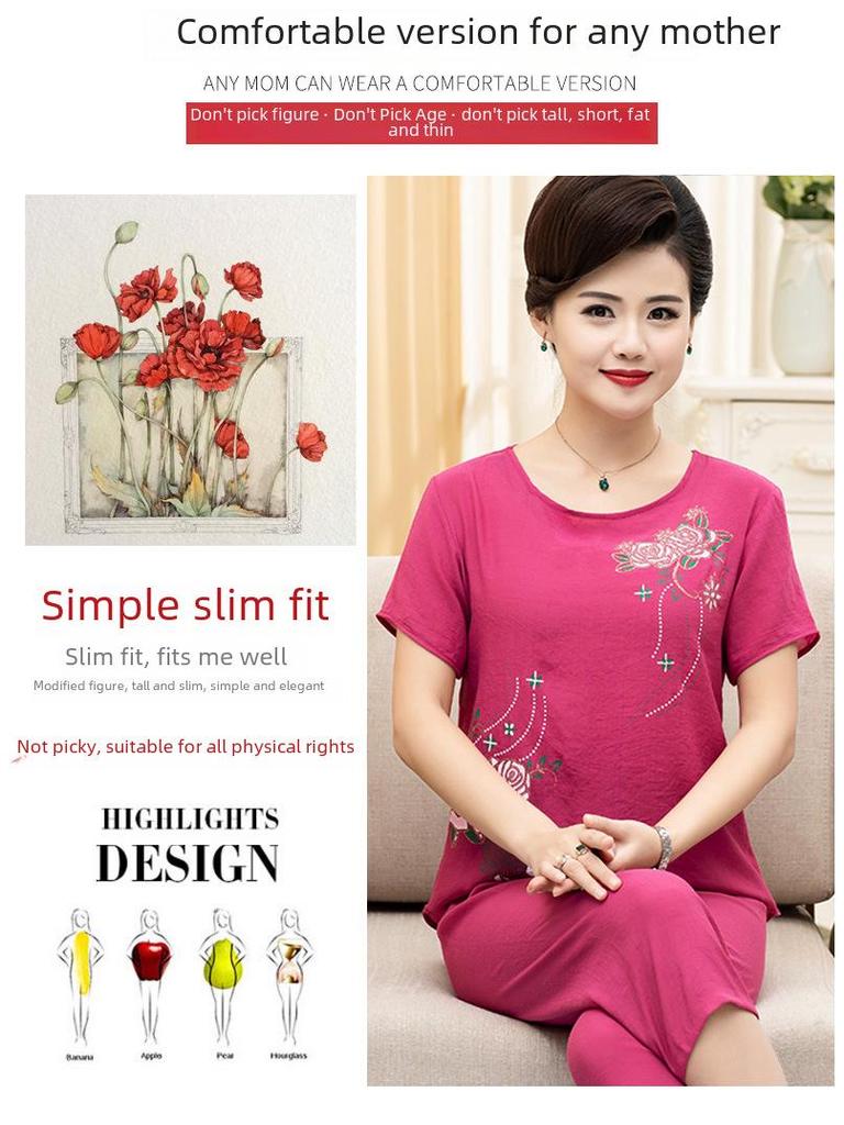 Women's Summer Cotton & Linen Pajama Set – Short-Sleeved Two-Piece for Middle-Aged & Elderly, Suitable for Indoor & Outdoor Wear.