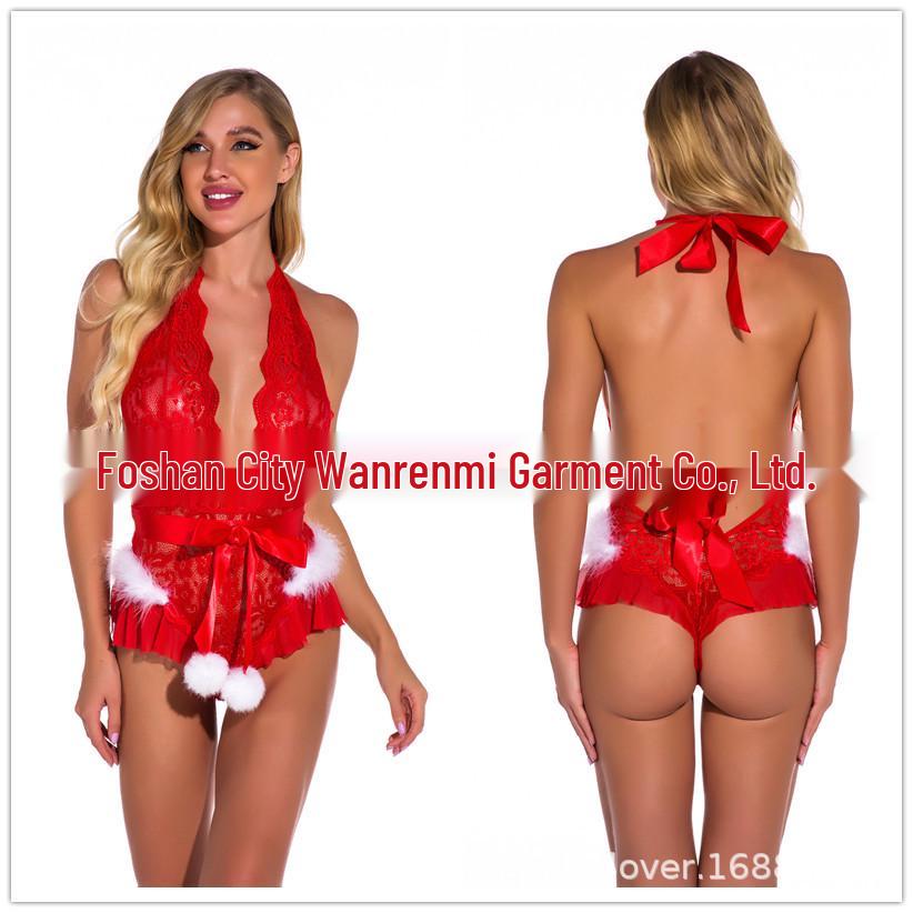 Sexy Red Backless Halter Neck Christmas Bodysuit for Women - Autumn/Winter Lingerie