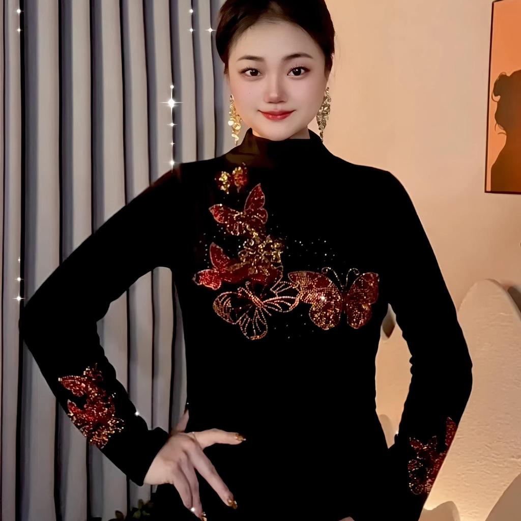 V-Neck Thermal Velvet Long-Sleeve Top with Hot Drill Detailing - Trendy Autumn/Winter Base Layer for Women.