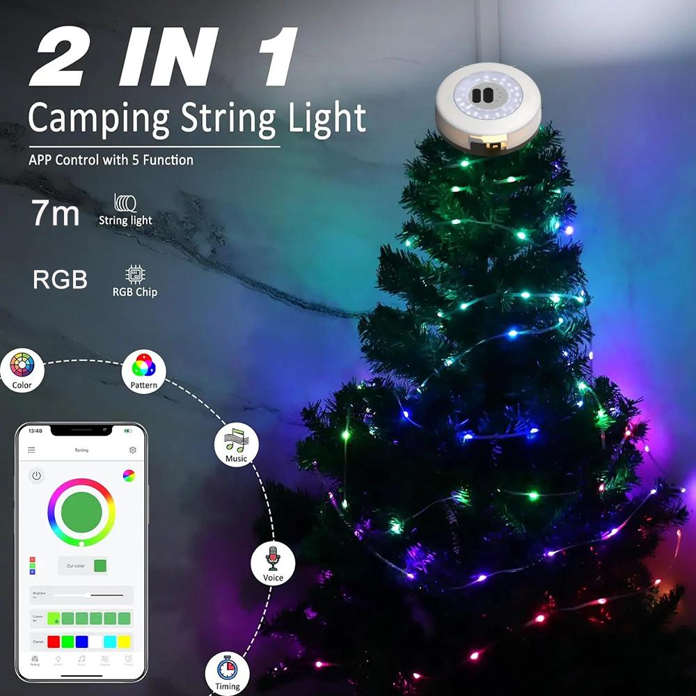 2 In 1 LED Reel String Light Outdoor Rechargeable Camping String Light Recyclable Tape Light Tent Garden Holiday Decoration Lamp