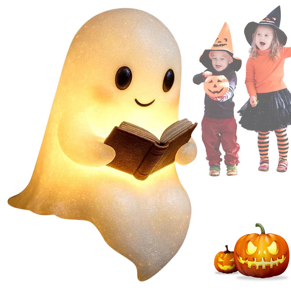 Halloween Cute Ghost Reading Lamp Resin LED Night Light Spooky Desk Light Ornaments For Bedroom Decor Halloween Party Gifts