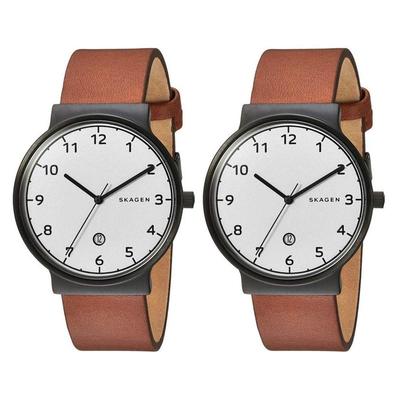 SKAGEN Pair Watches Anchor Simple Slim White Dial Brown Leather Retro SKW6297 with Pair Storage [Skagen] (Comes Box!)