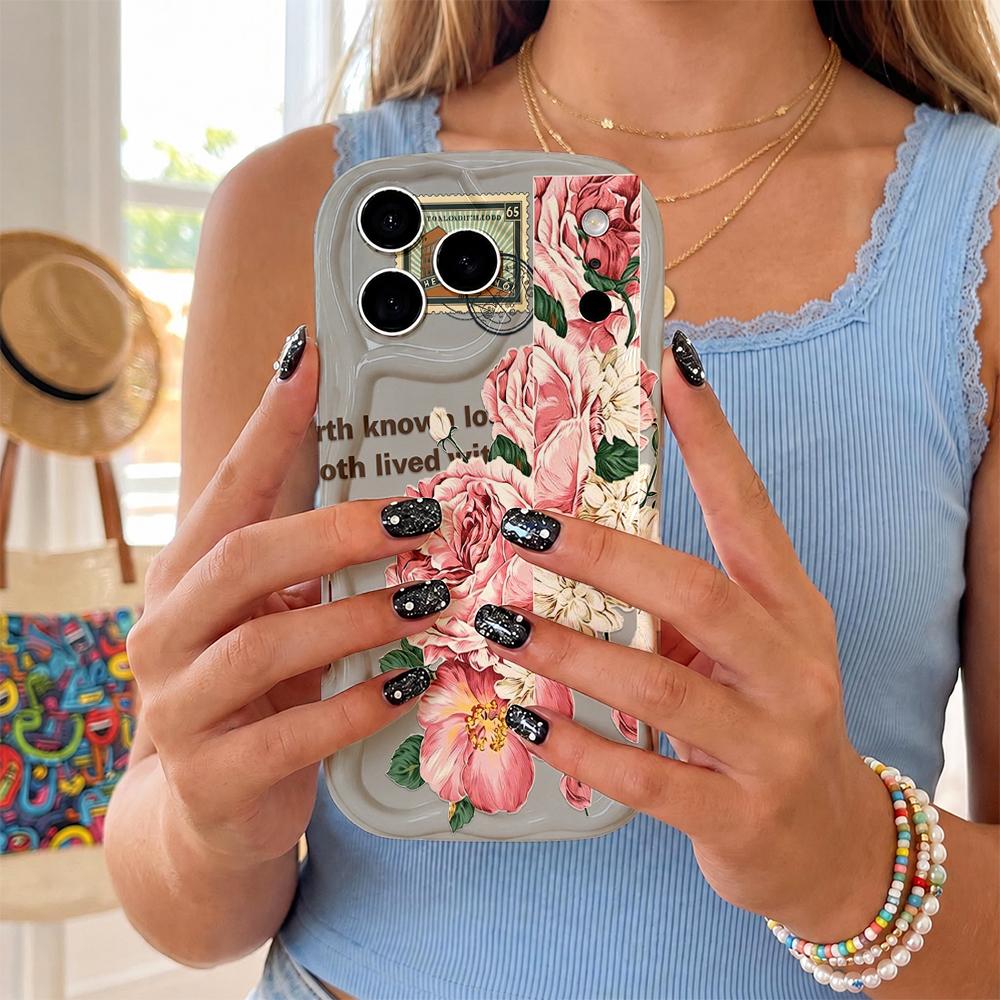 Vintage Stamp Peony Floral Hand Script Wavy Edge Phone Case For iPhone 17 16 15 14 13 12 11 8 7 Plus Pro Max Retro Cover