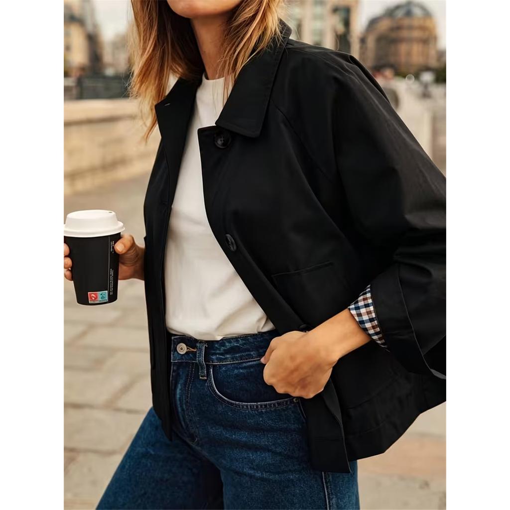 Women Lapel Collar Cropped Trench Jacket Single‑Breasted Long Sleeve Loose Casual Short Windbreaker Outerwear With Pockets