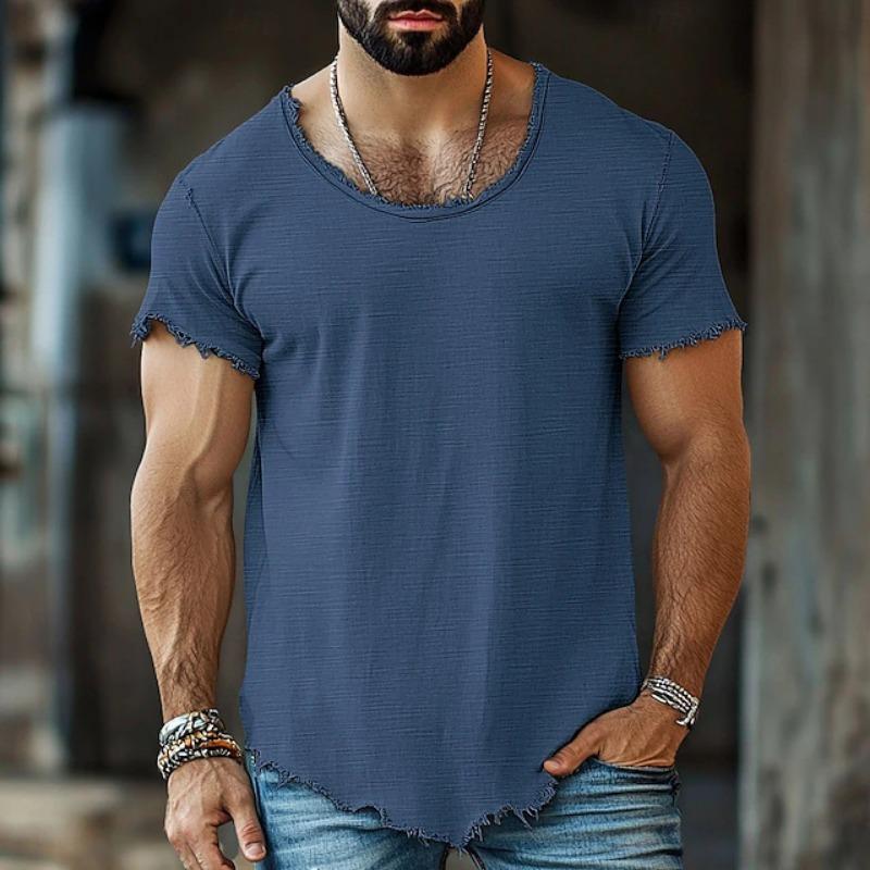 Mens Solid Color Frayed Hem Slim Fit Short Sleeve T Shirt