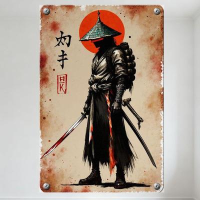Placca Metallica Vintage da Samurai con Cappello di Paglia, Sole Rosso, Rotoli e Macchie di Sangue - Decorazione Murale Retrò Invecchiata per Man Cave Bar Ho