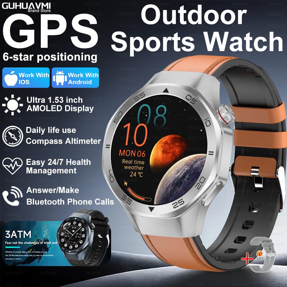 New GPS Position Smart Watch Men 1.53'' AMOLED HD Screen Compass Heart Rate 3ATM Waterproof Call Sports Business Smart Watch
