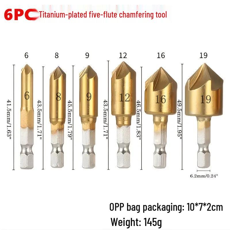 Hex Shank Titanium-Plated Five-Flute Wood Countersink Drill & Chamfering Tool
